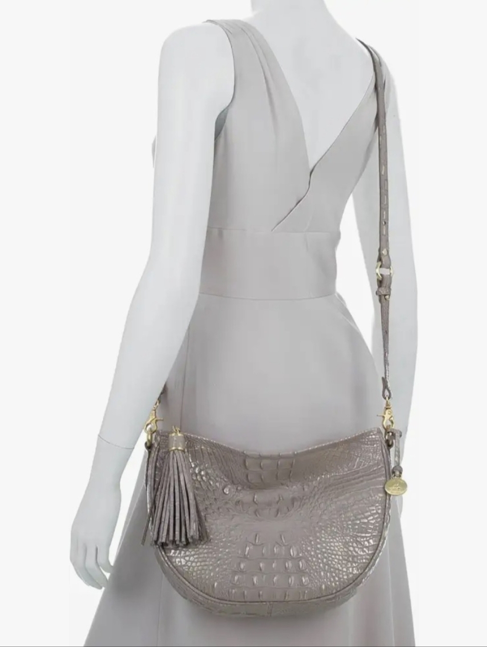 Brahmin Kathleen Croc-Embossed Gray Leather Crossbody Bag with Tassel EUC
